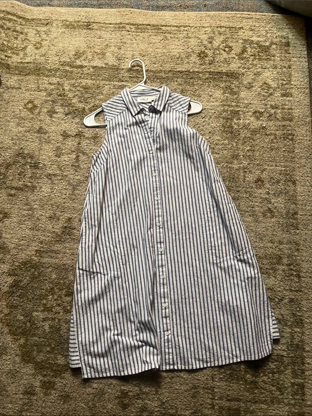 Eliza J Blue and White Striped Sleeveless Shirt Dress